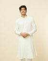 alt message - Manyavar Men Pearled Ivory White Linear Patterned Kurta Set image number 0