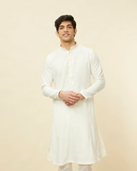 Manyavar Men Pearled Ivory White Linear Patterned Kurta Set
