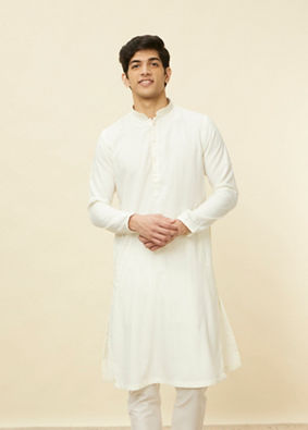 Manyavar Men Pearled Ivory White Linear Patterned Kurta Set