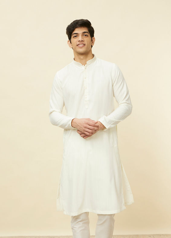 Manyavar Men Pearled Ivory White Linear Patterned Kurta Set
