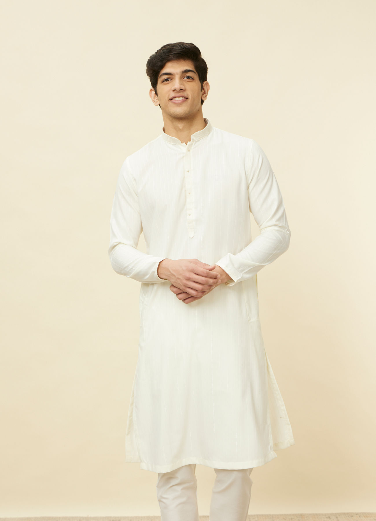 Manyavar Men Pearled Ivory White Linear Patterned Kurta Set