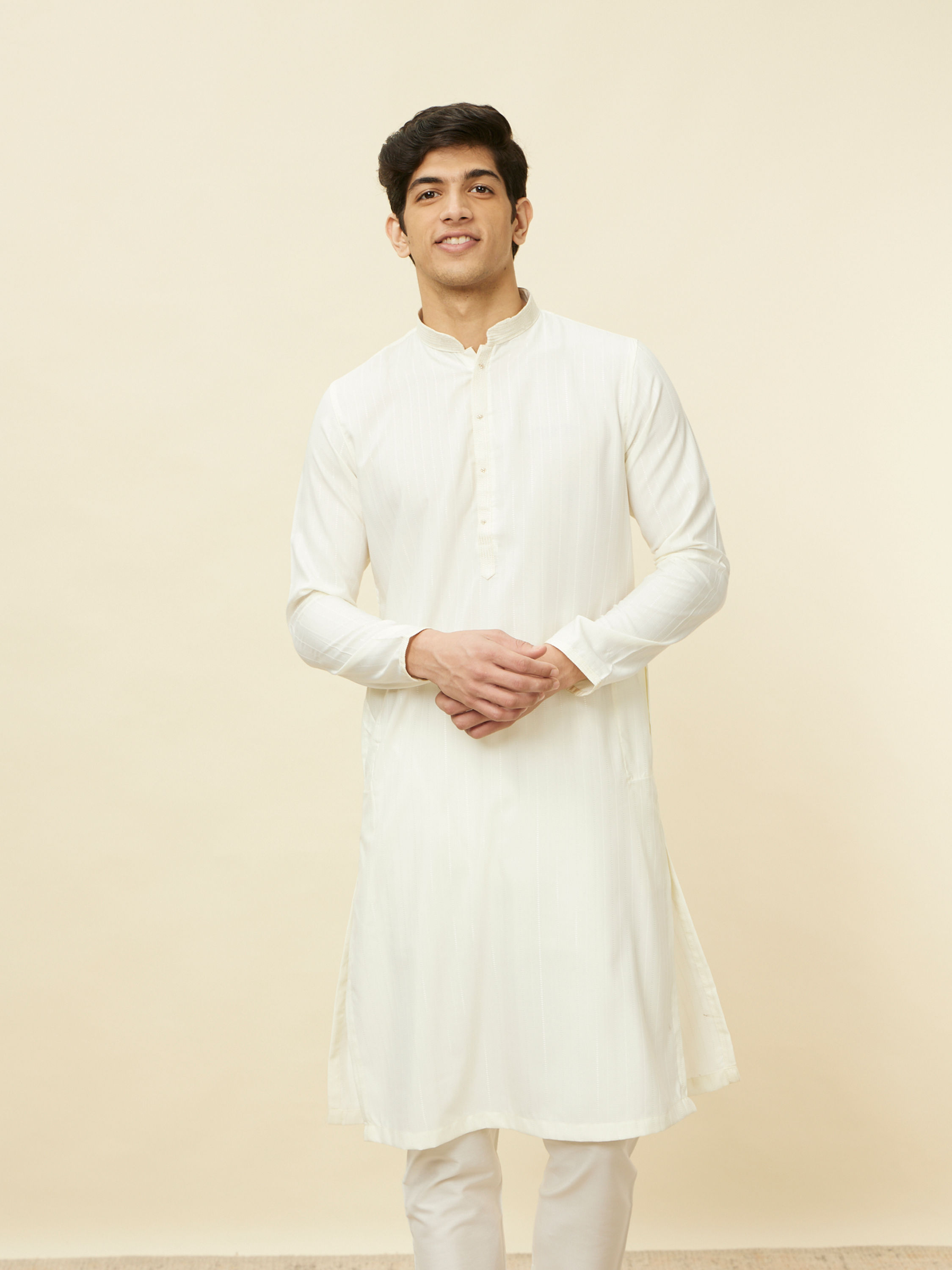 Manyavar Men Pearled Ivory White Linear Patterned Kurta Set