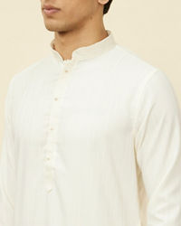 Manyavar Men Pearled Ivory White Linear Patterned Kurta Set