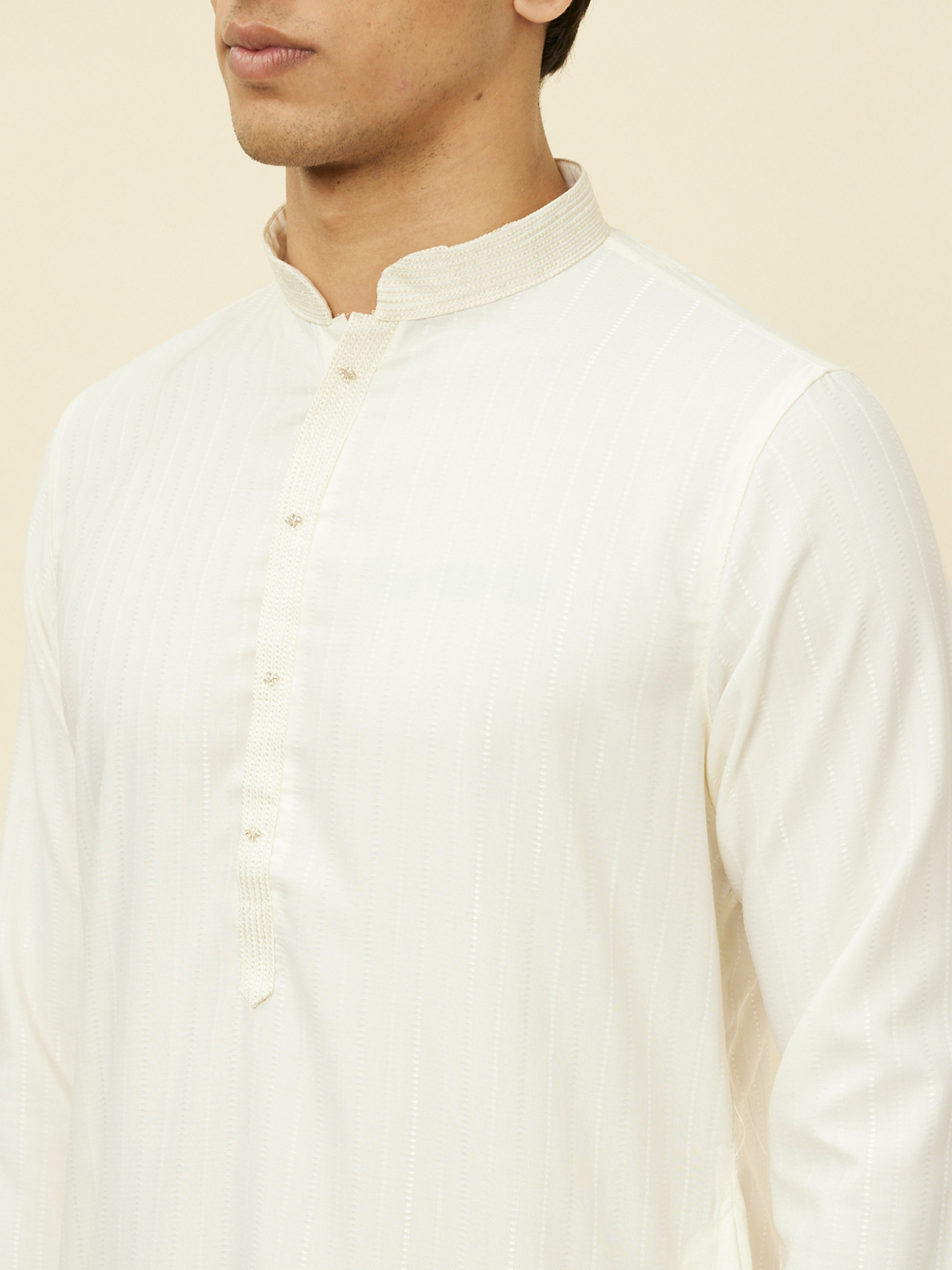 Manyavar Men Pearled Ivory White Linear Patterned Kurta Set