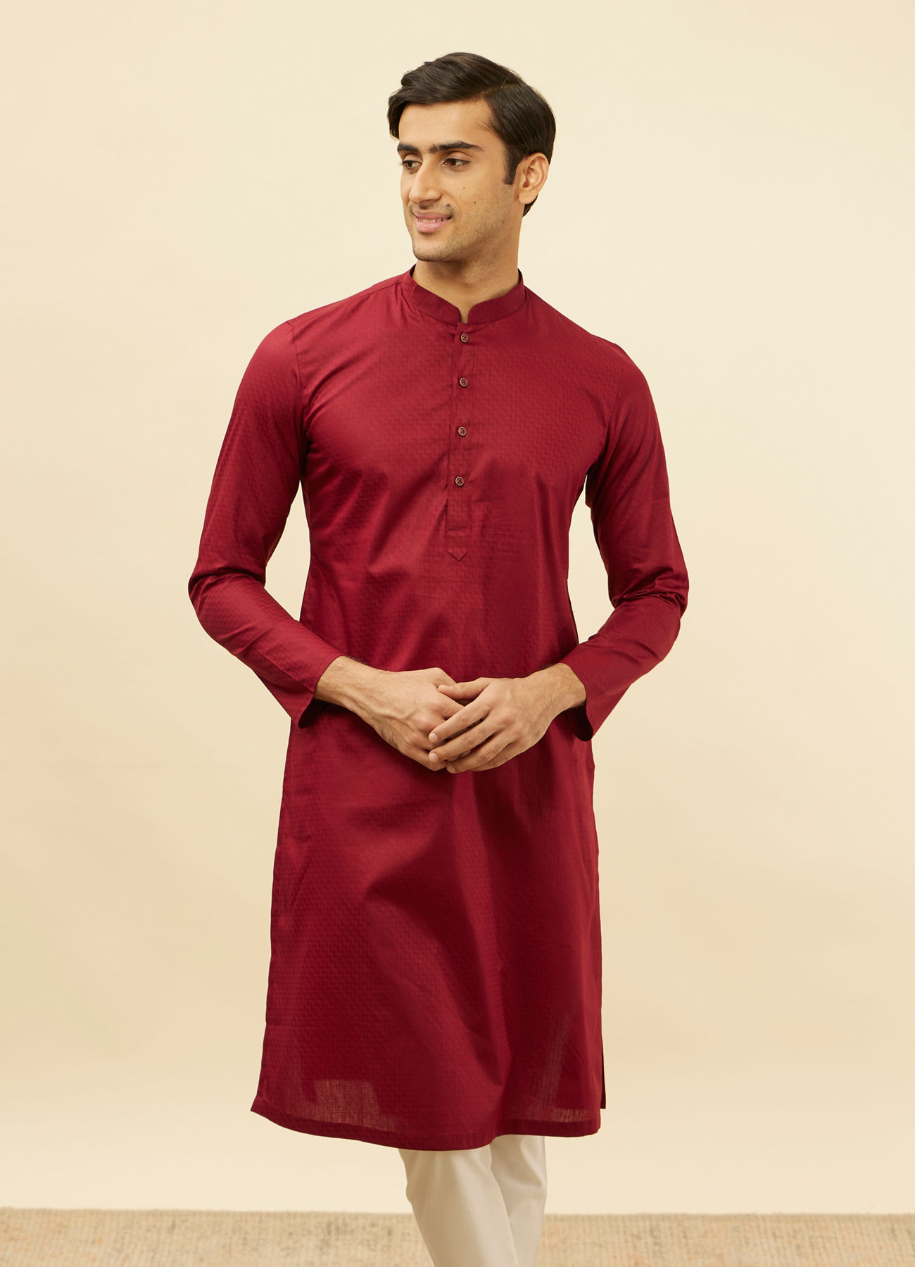 Manyavar Men Maroon Chevron Patterned Kurta Set