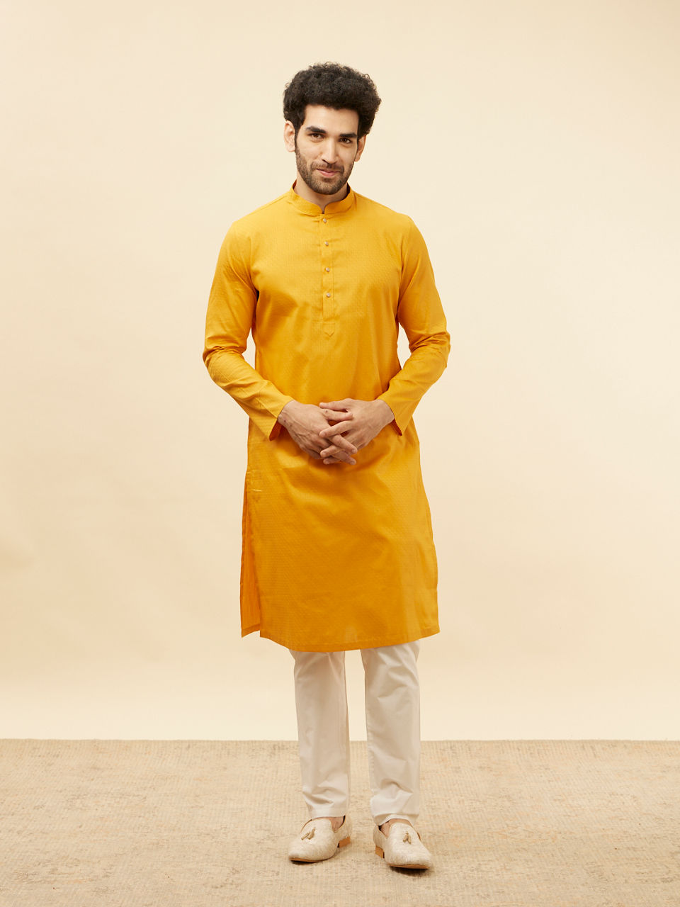 Manyavar Men Sunrise Orange Self Patterned Kurta Set