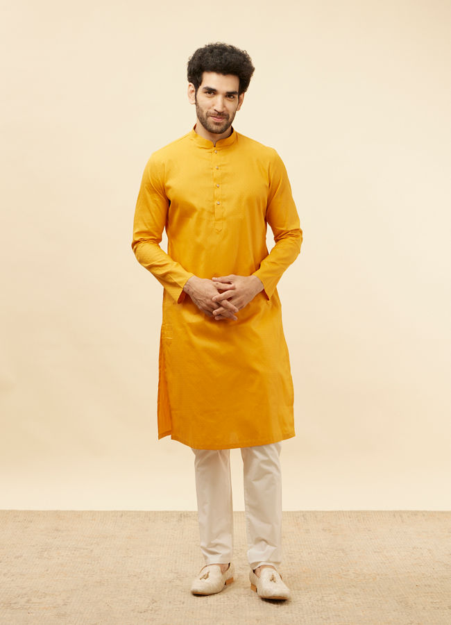 alt message - Manyavar Men Sunrise Orange Self Patterned Kurta Set image number 2