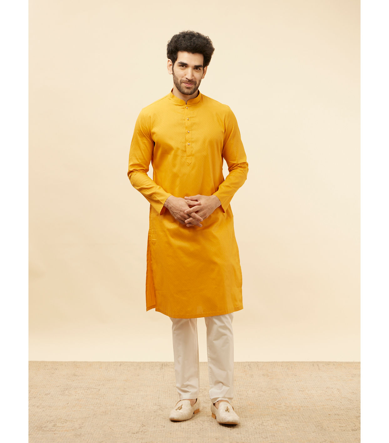 alt message - Manyavar Men Sunrise Orange Self Patterned Kurta Set image number 2