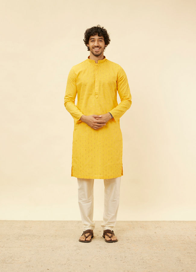 alt message - Manyavar Men Mustard Yellow Fern Buta Motif Patterned Kurta Set image number 2