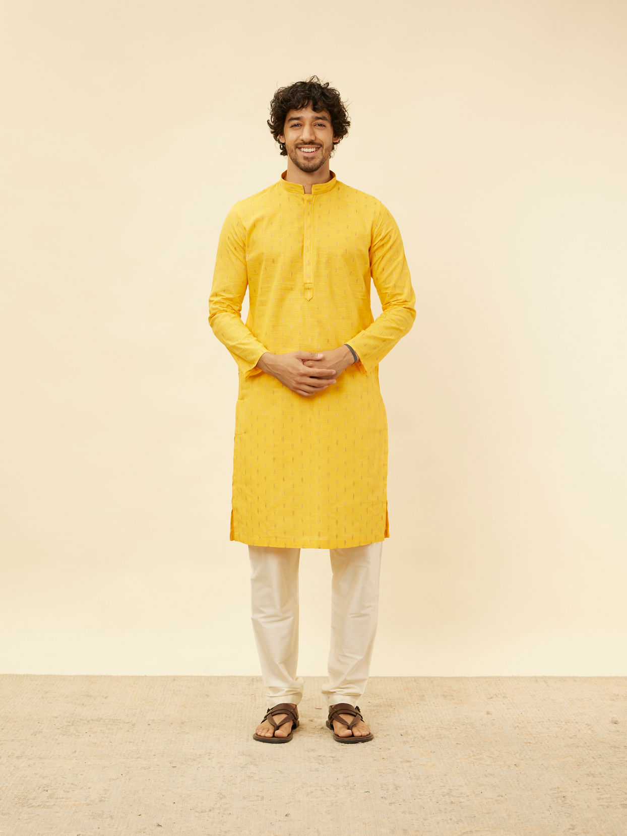 Manyavar Men Mustard Yellow Fern Buta Motif Patterned Kurta Set