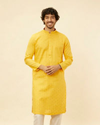 Manyavar Men Mustard Yellow Fern Buta Motif Patterned Kurta Set