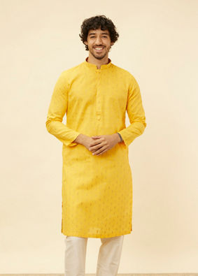 Manyavar Men Mustard Yellow Fern Buta Motif Patterned Kurta Set