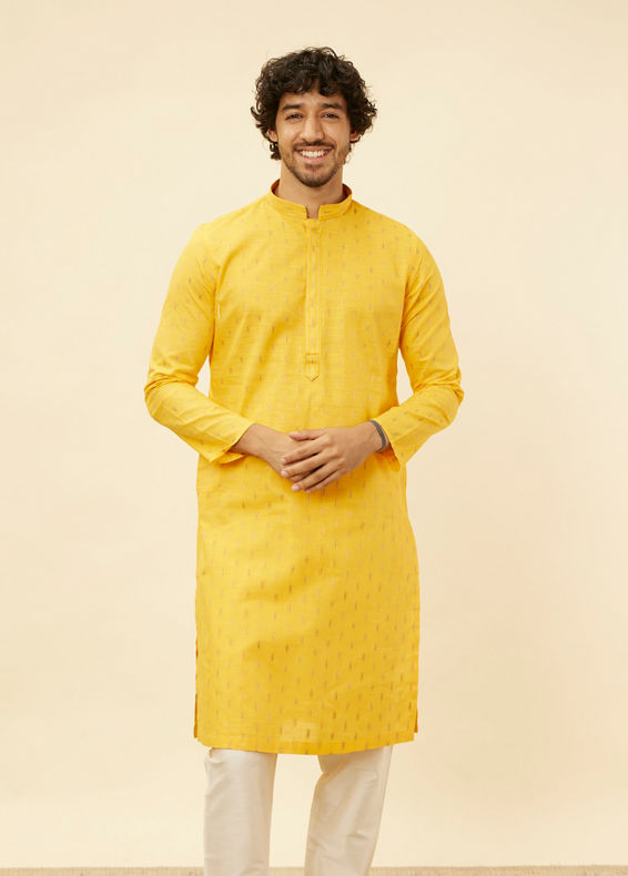Manyavar Men Mustard Yellow Fern Buta Motif Patterned Kurta Set