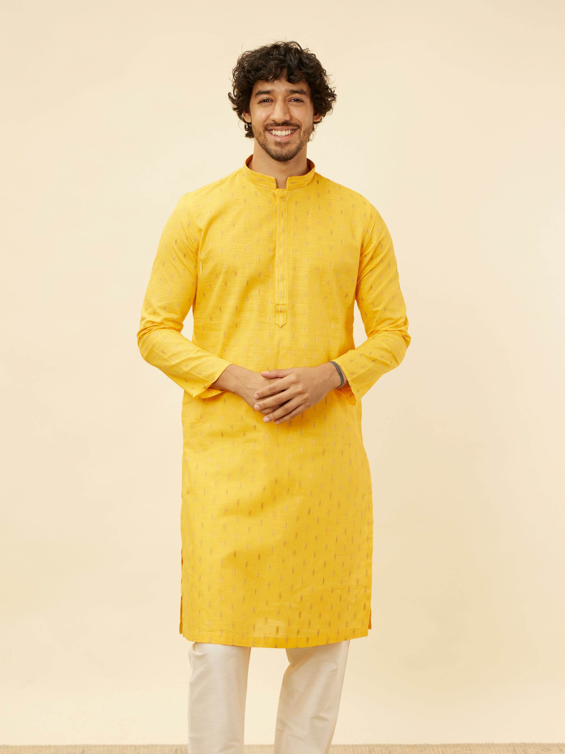 Manyavar Men Mustard Yellow Fern Buta Motif Patterned Kurta Set