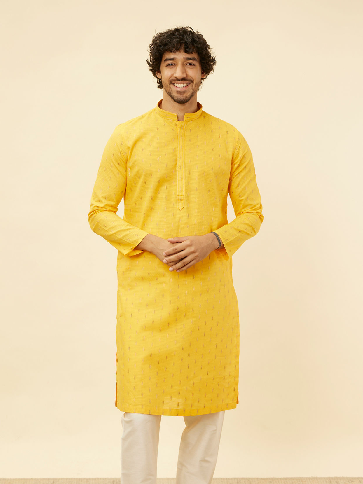 alt message - Manyavar Men Mustard Yellow Fern Buta Motif Patterned Kurta Set image number 0