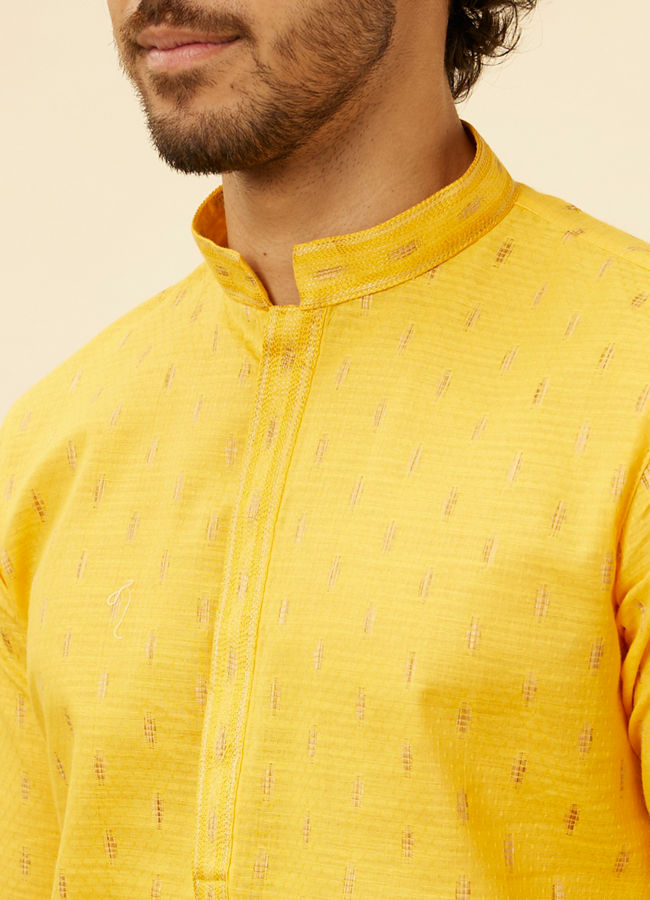 alt message - Manyavar Men Mustard Yellow Fern Buta Motif Patterned Kurta Set image number 1