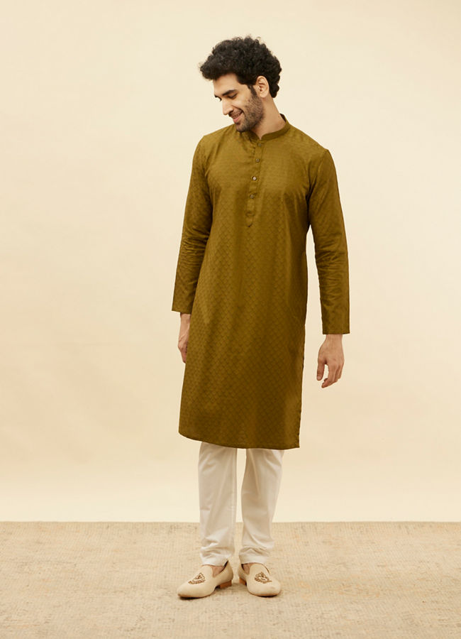 Manyavar Men Mehendi Green Self Printed Kurta Set