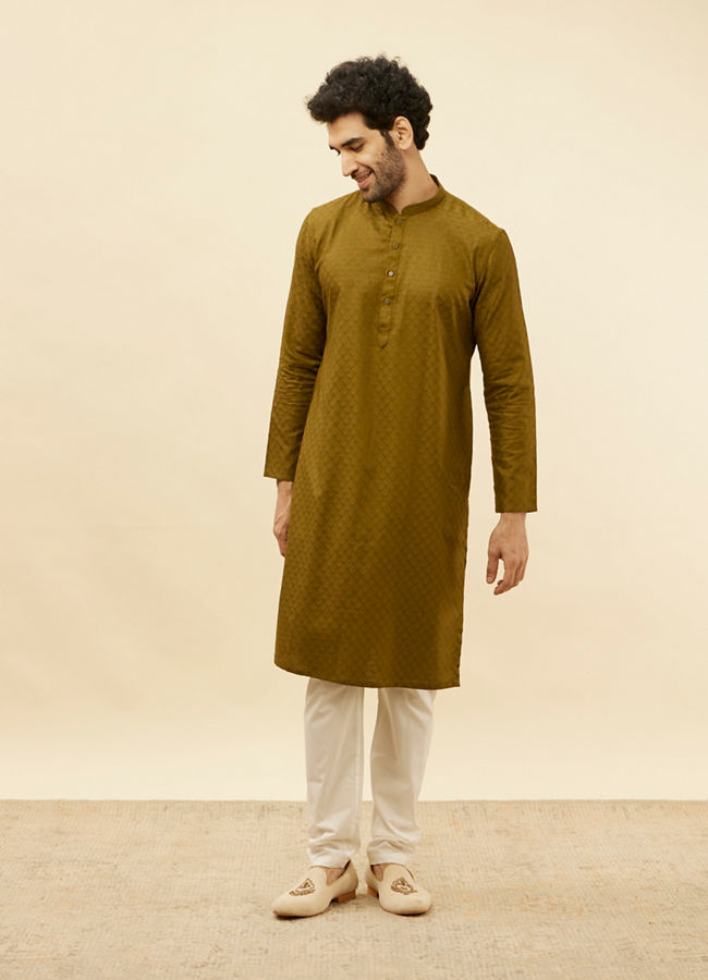 alt message - Manyavar Men Mehendi Green Self Printed Kurta Set image number 2