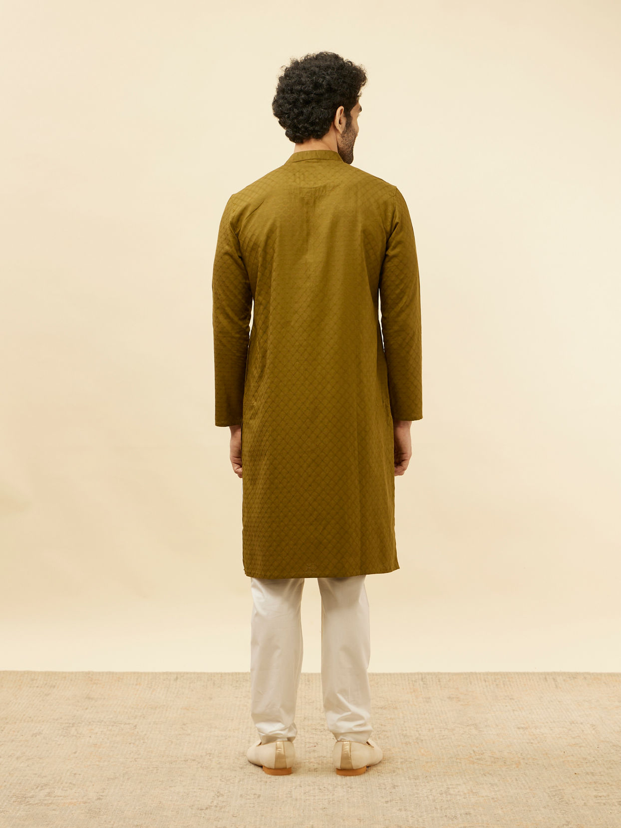 Manyavar Men Mehendi Green Self Printed Kurta Set