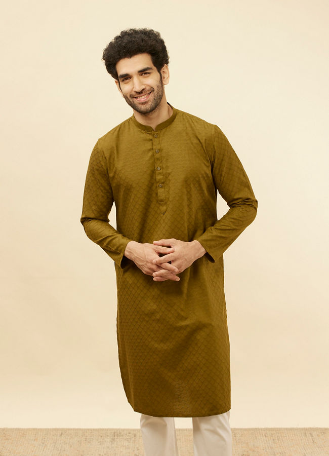 alt message - Manyavar Men Mehendi Green Self Printed Kurta Set image number 0