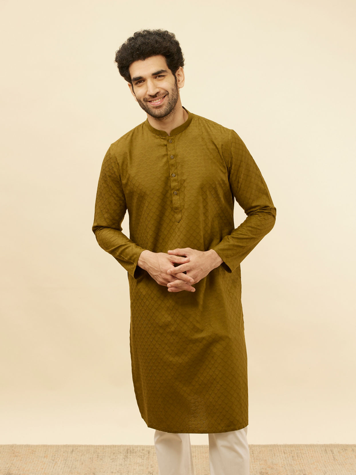 alt message - Manyavar Men Mehendi Green Self Printed Kurta Set image number 0