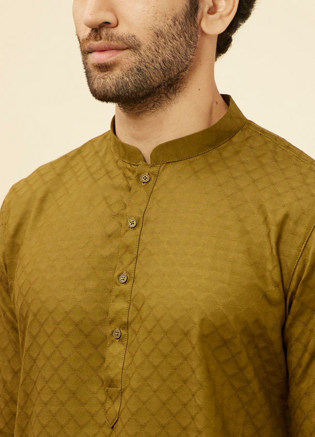 alt message - Manyavar Men Mehendi Green Self Printed Kurta Set image number 1