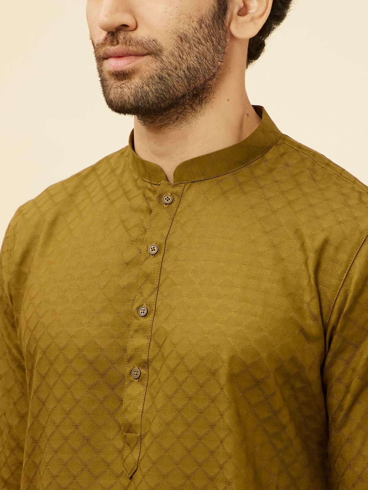 alt message - Manyavar Men Mehendi Green Self Printed Kurta Set image number 1