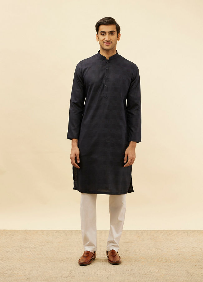 alt message - Manyavar Men Dark Blue Self Patterned Kurta Set image number 2