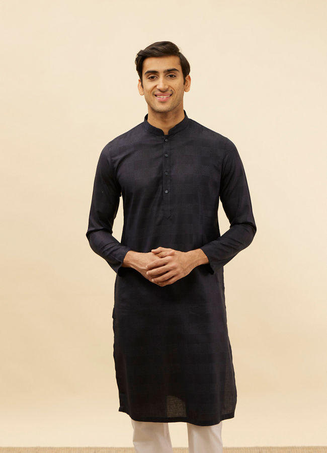 alt message - Manyavar Men Dark Blue Self Patterned Kurta Set image number 0