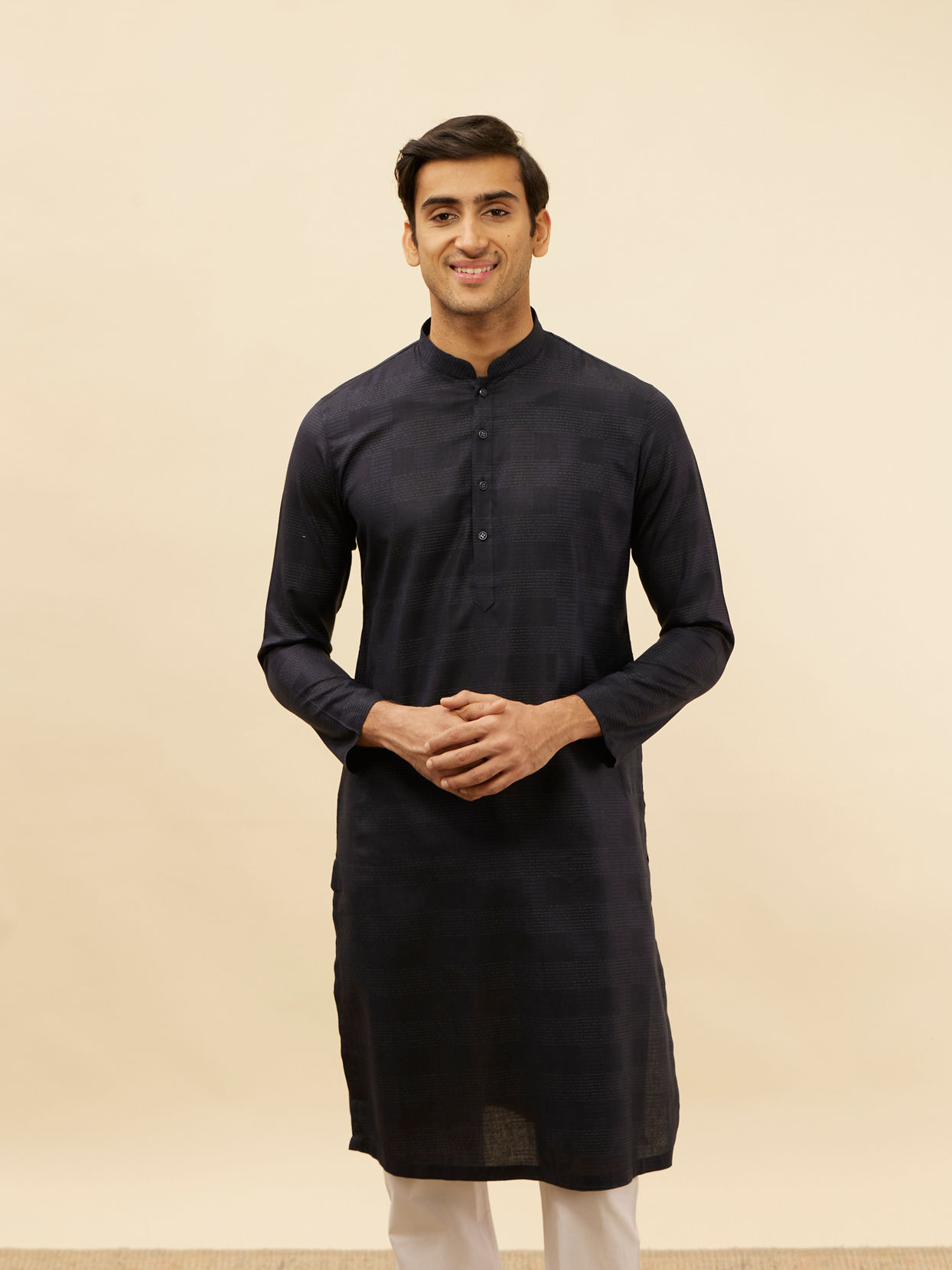 alt message - Manyavar Men Dark Blue Self Patterned Kurta Set image number 0