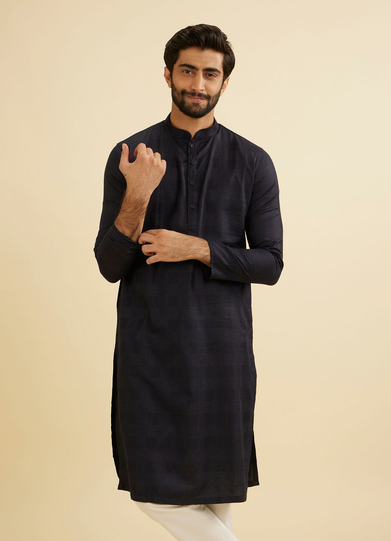 Manyavar Men Dark Blue Self Patterned Kurta Set