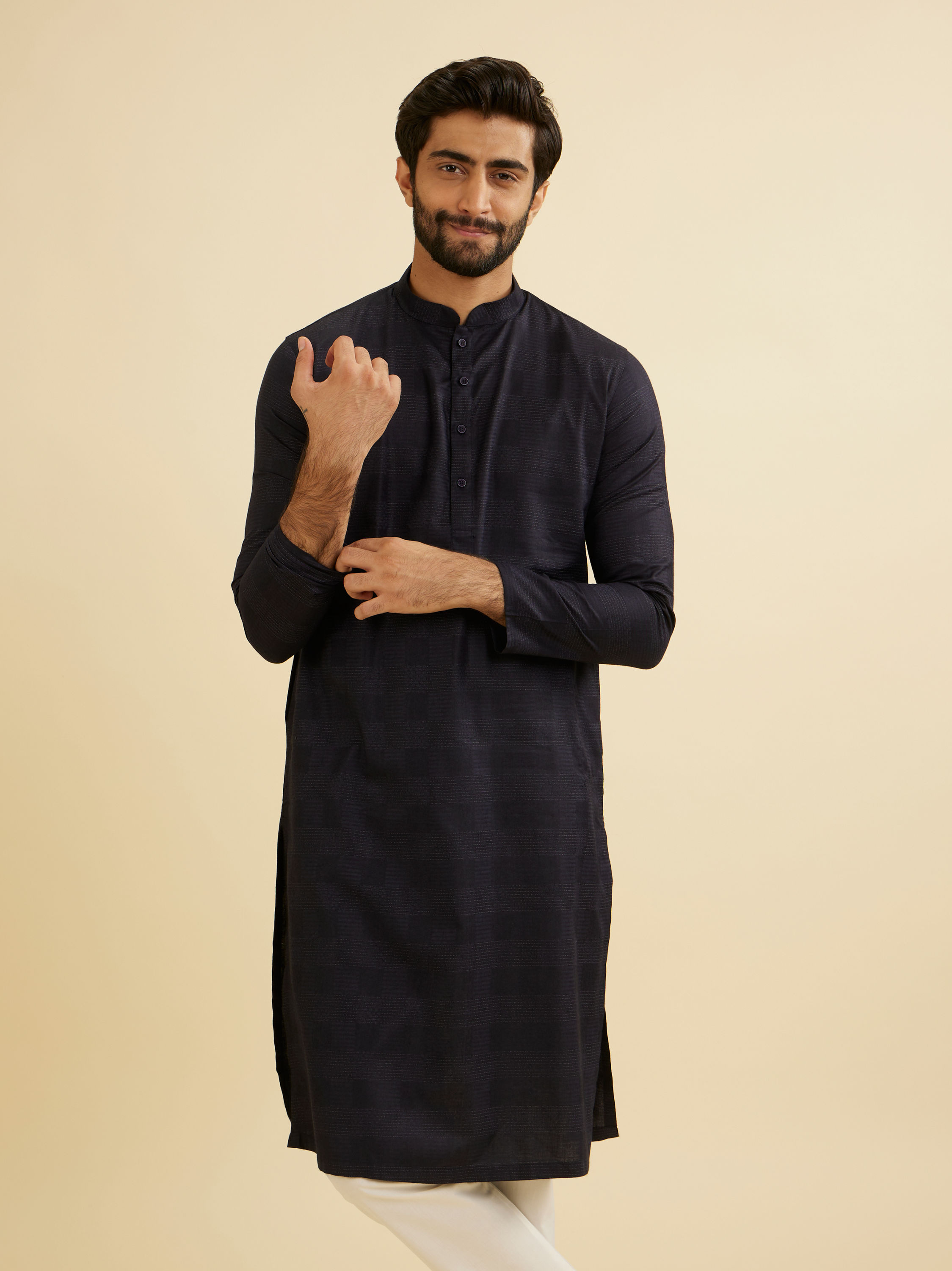 Manyavar Men Dark Blue Self Patterned Kurta Set