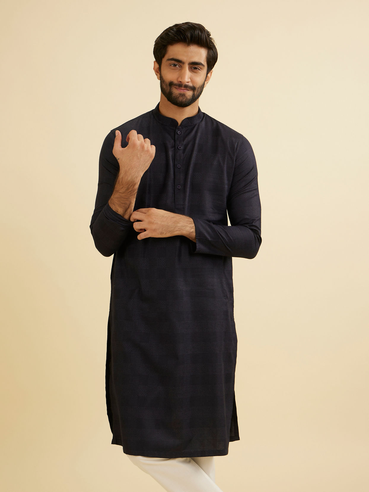 Manyavar Men Dark Blue Self Patterned Kurta Set