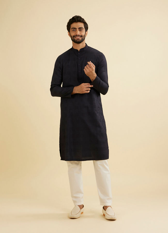Manyavar Men Dark Blue Self Patterned Kurta Set