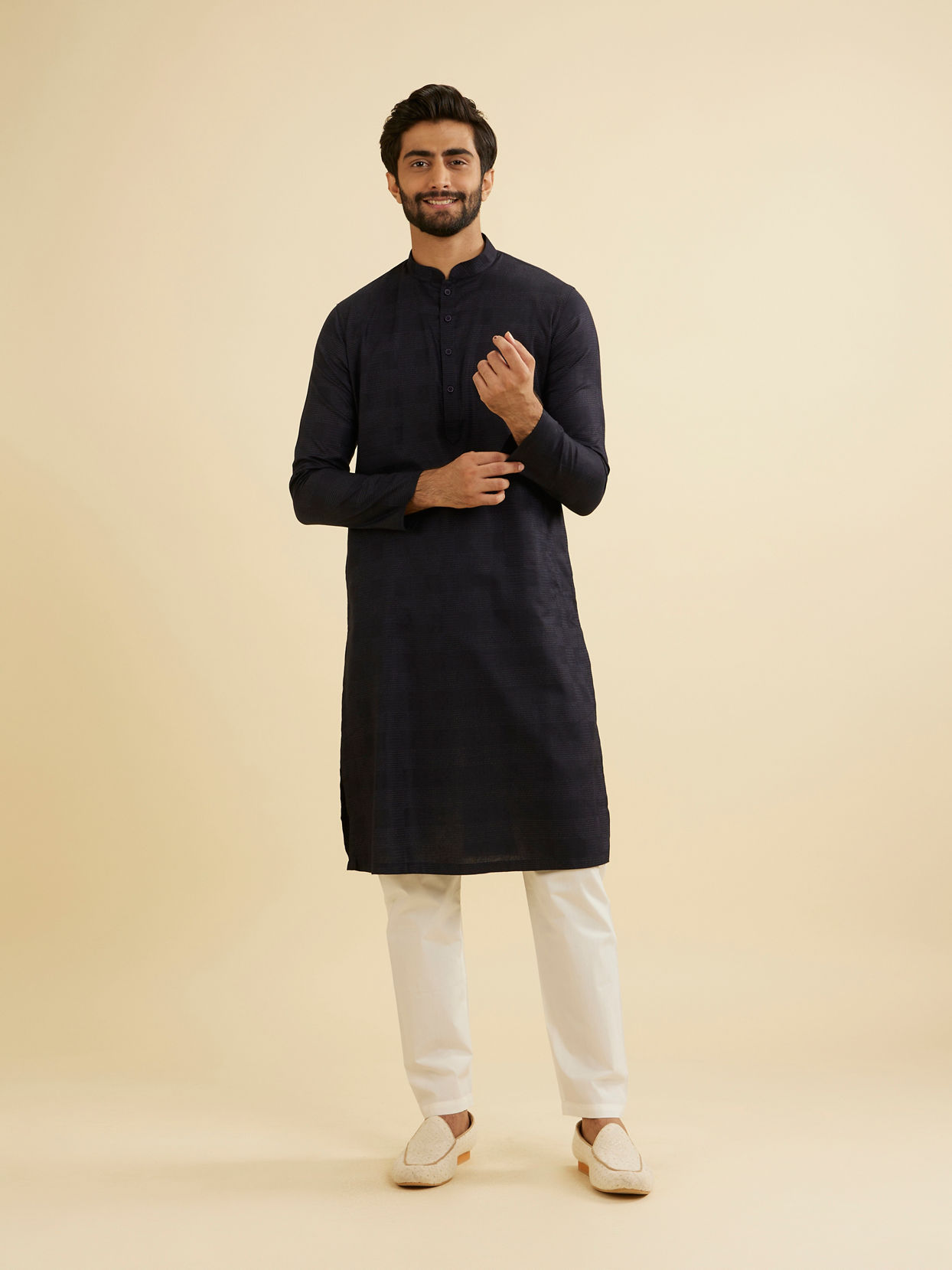 Manyavar Men Dark Blue Self Patterned Kurta Set