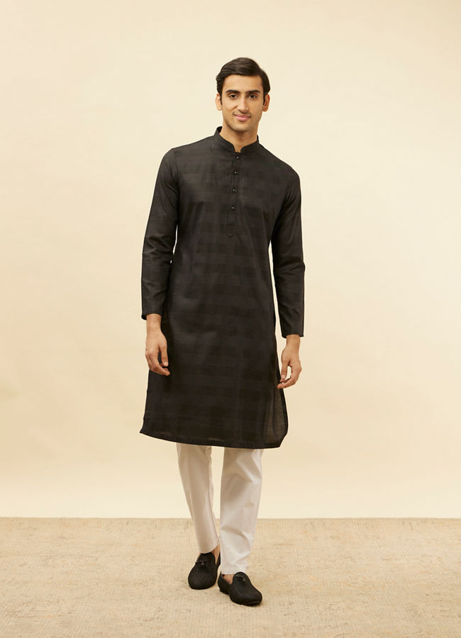 alt message - Manyavar Men Coal Black Self Patterned Kurta Set image number 2