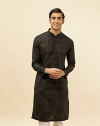 Manyavar Men Coal Black Self Patterned Kurta Set