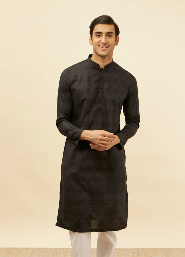 Manyavar Men Coal Black Self Patterned Kurta Set