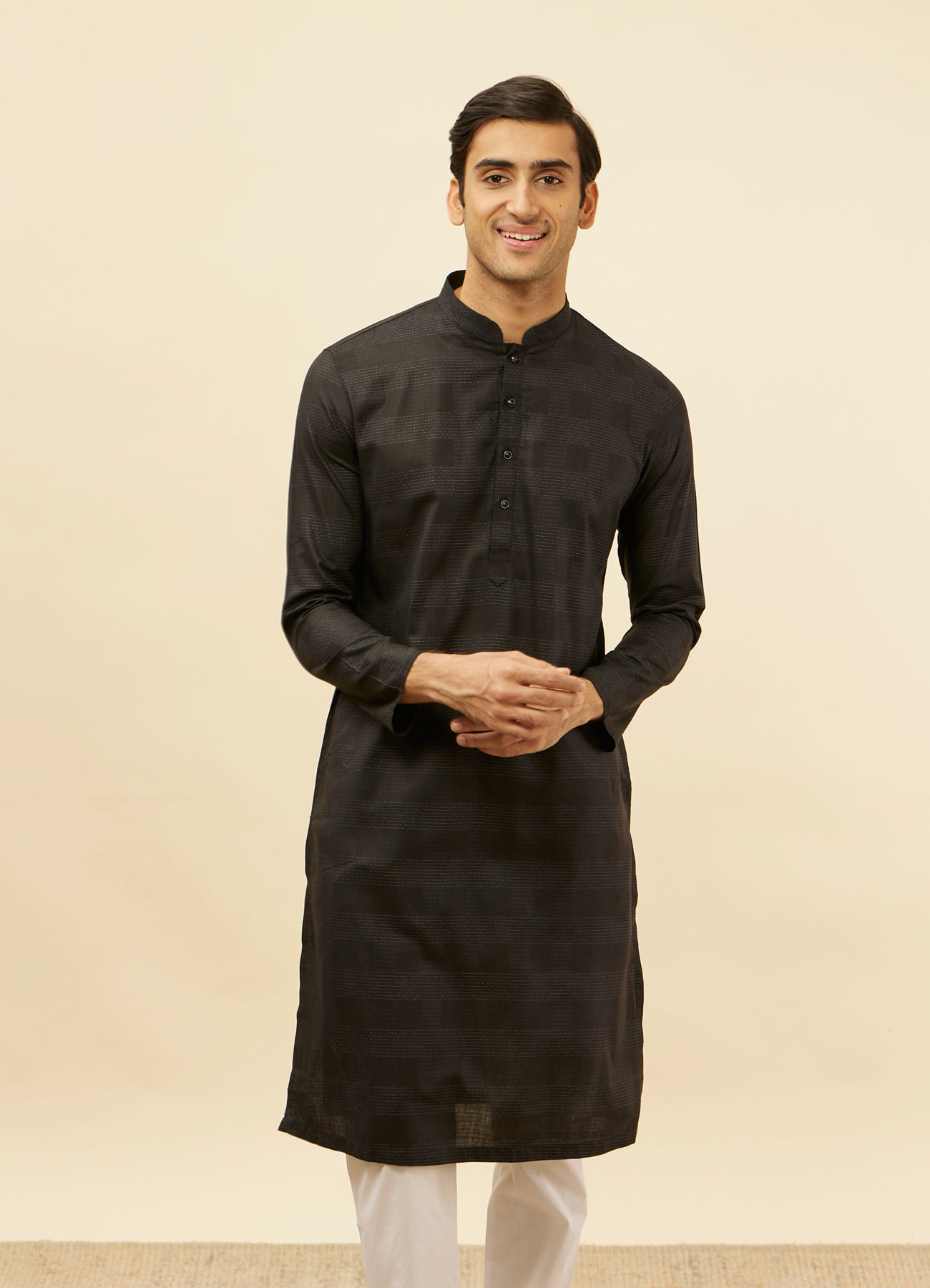 Manyavar Men Coal Black Self Patterned Kurta Set