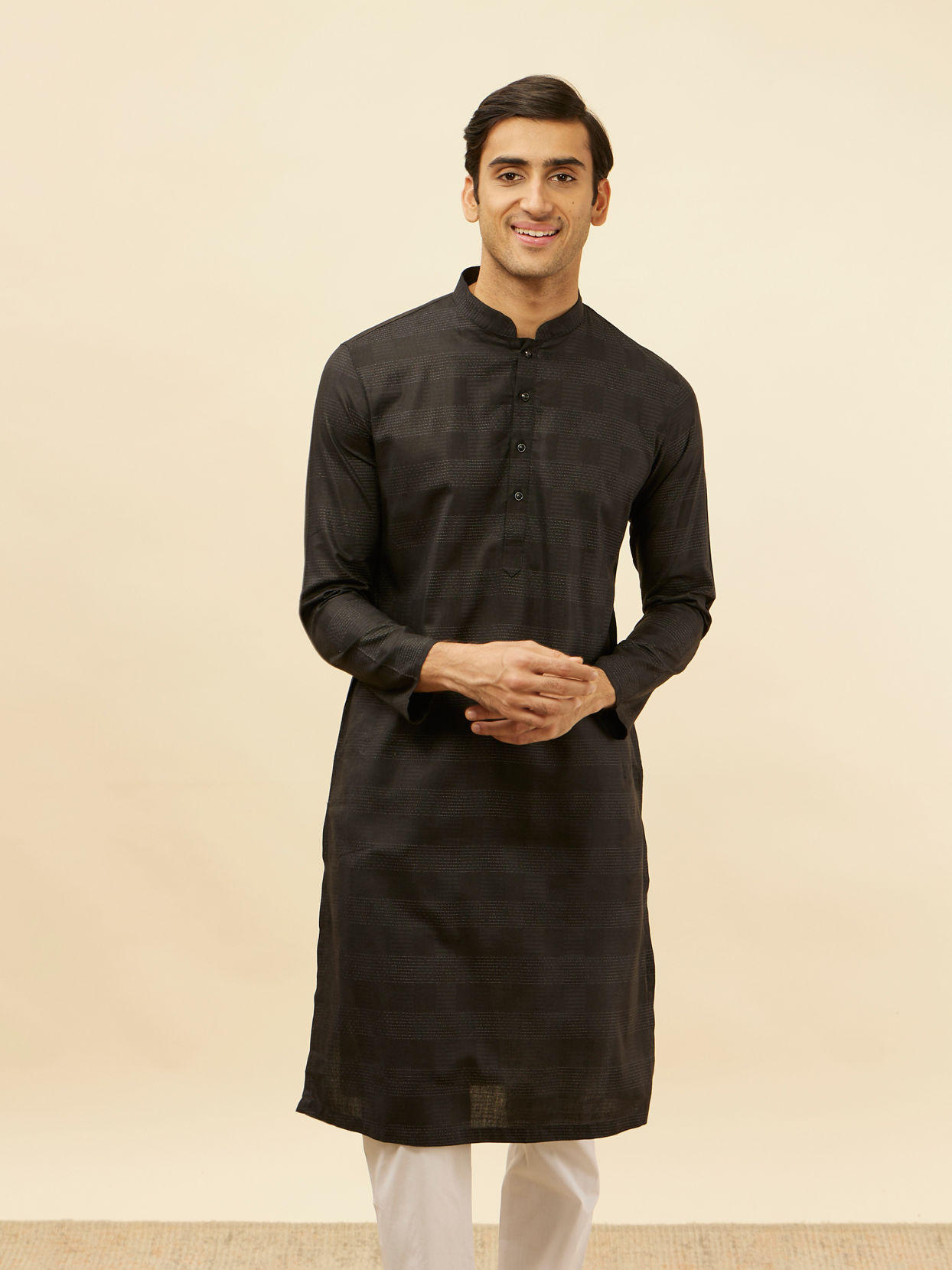 alt message - Manyavar Men Coal Black Self Patterned Kurta Set image number 0