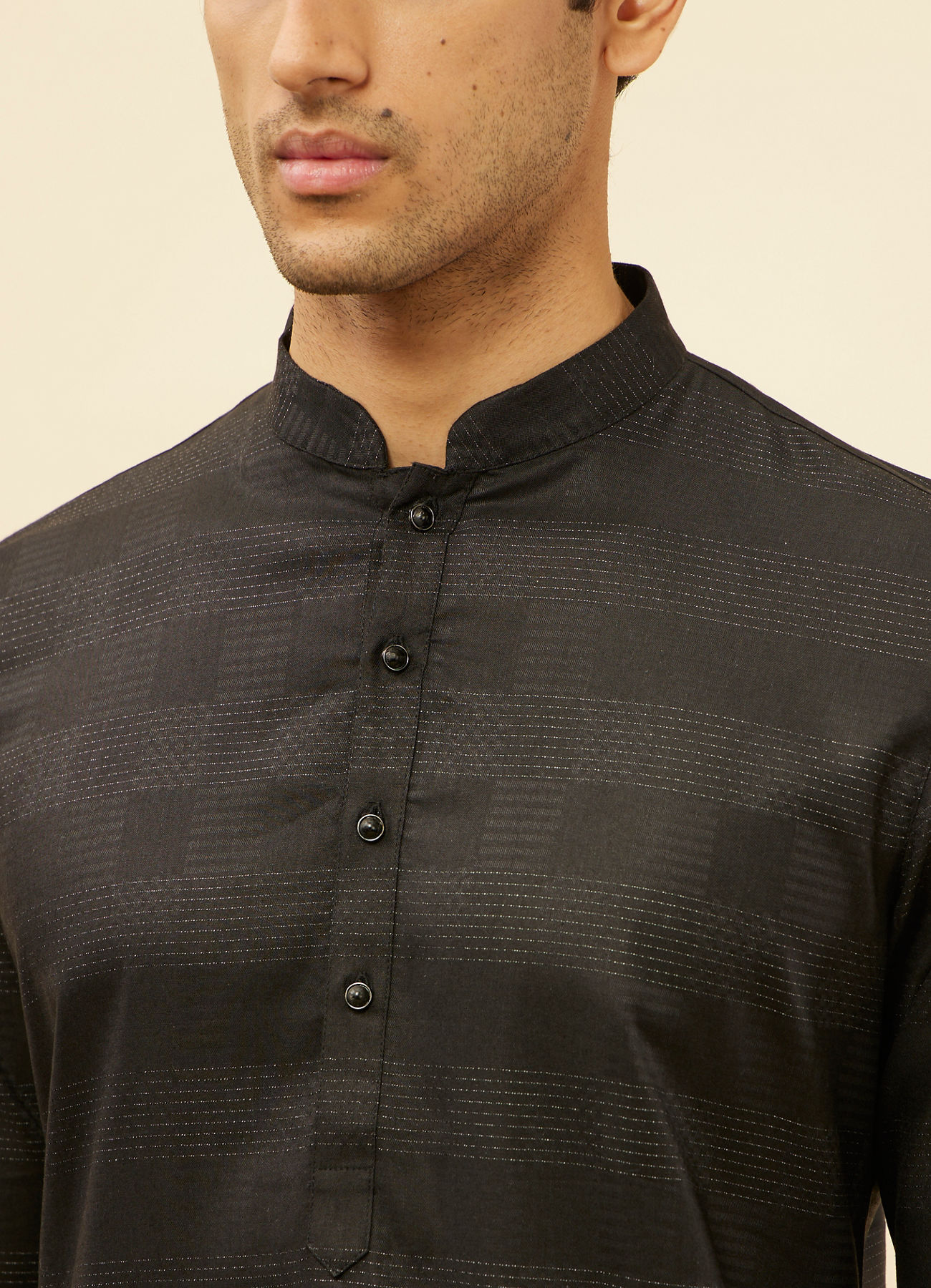 Manyavar Men Coal Black Self Patterned Kurta Set