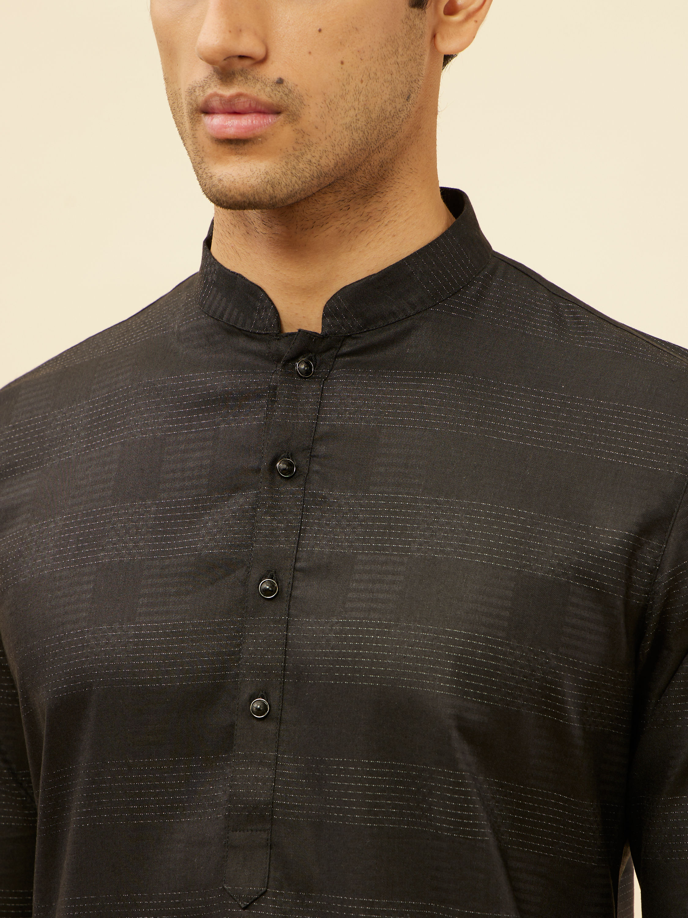 Manyavar Men Coal Black Self Patterned Kurta Set