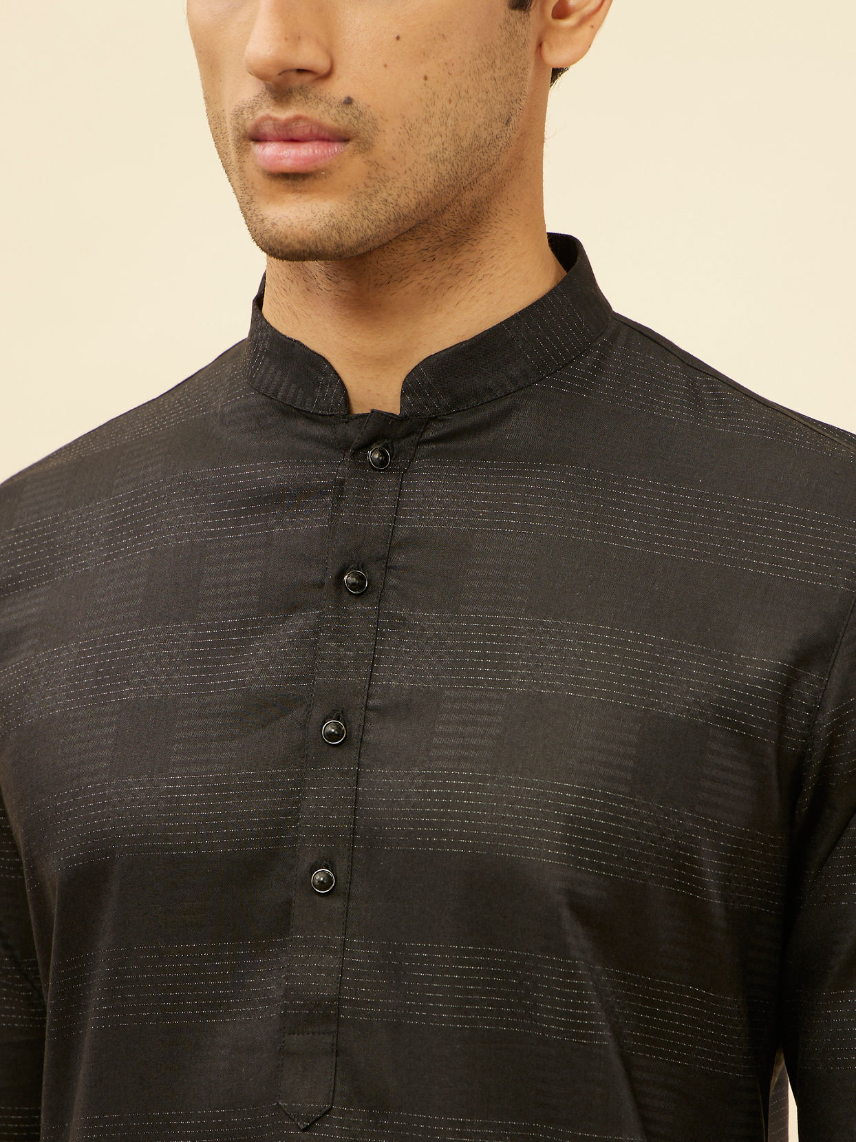 alt message - Manyavar Men Coal Black Self Patterned Kurta Set image number 1