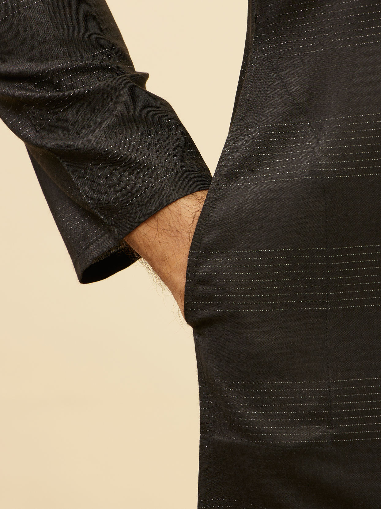 Manyavar Men Coal Black Self Patterned Kurta Set