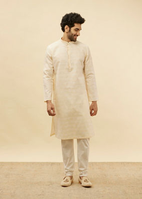 alt message - Manyavar Men Soft Cream Self Textured Kurta Set image number 2