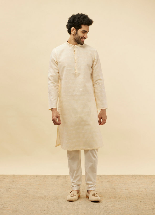 alt message - Manyavar Men Soft Cream Self Textured Kurta Set image number 2