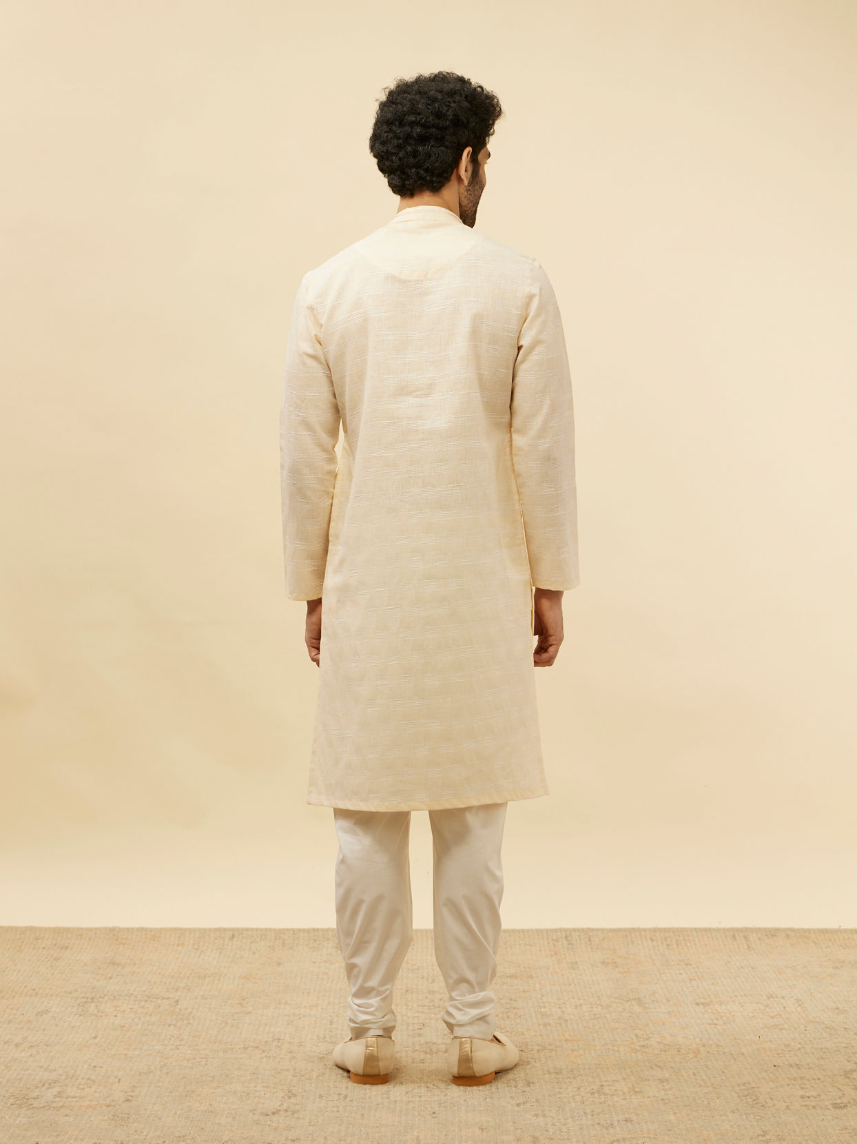 Manyavar Men Soft Cream Self Textured Kurta Set