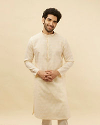 Manyavar Men Soft Cream Self Textured Kurta Set