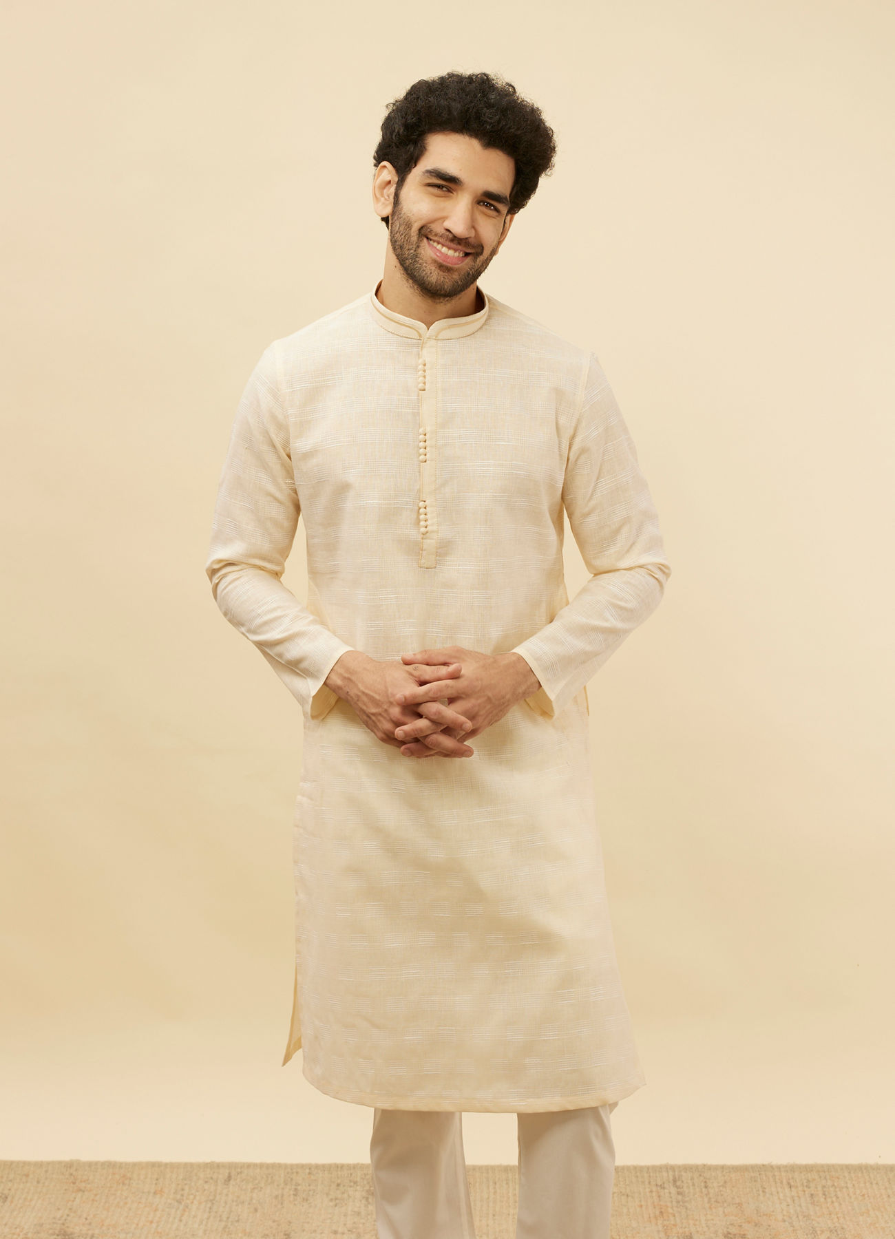 Manyavar Men Soft Cream Self Textured Kurta Set