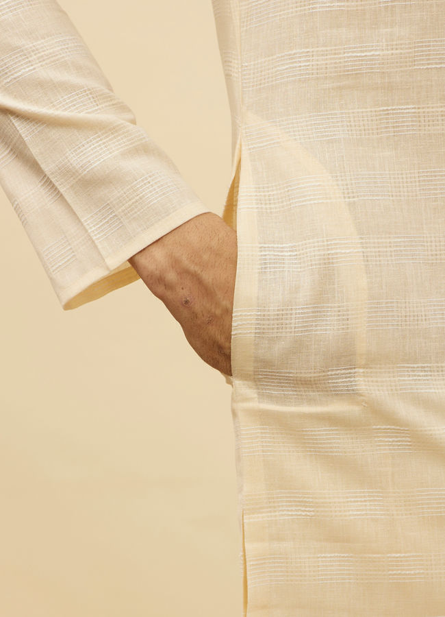 Manyavar Men Soft Cream Self Textured Kurta Set